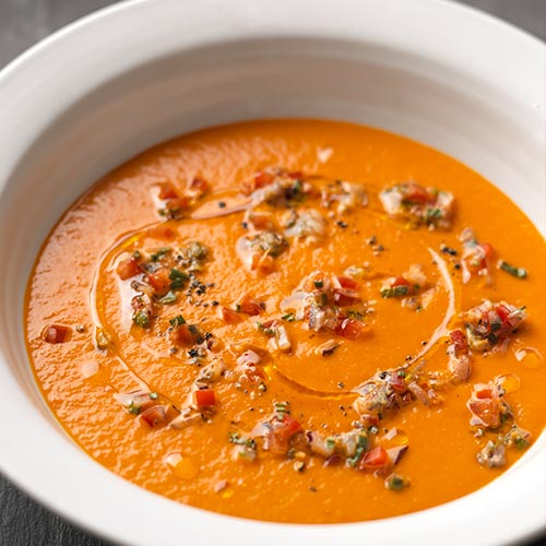 ROAST RED PEPPER SOUP  WITH ANCHOVY SALSA